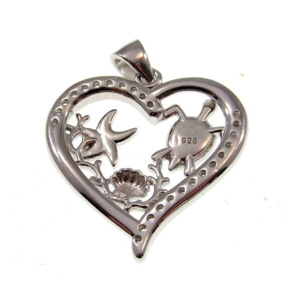Solid 925 Sterling Silver and Blue Opal Sea Life Heart Pendant, Turtle & Shell - Picture 5 of 5